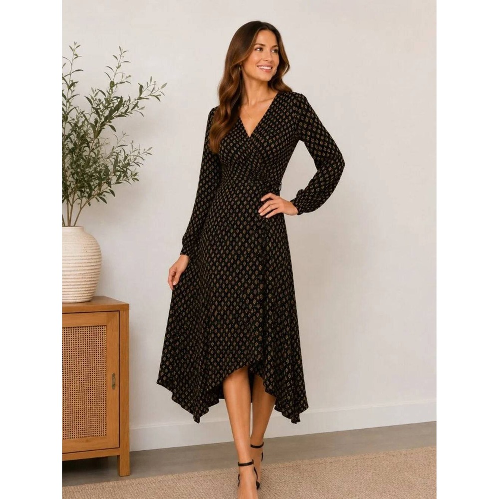 Perceptions New York Black Gold Metallic Dot Wrap Handkerchief Hem Midi Dress L